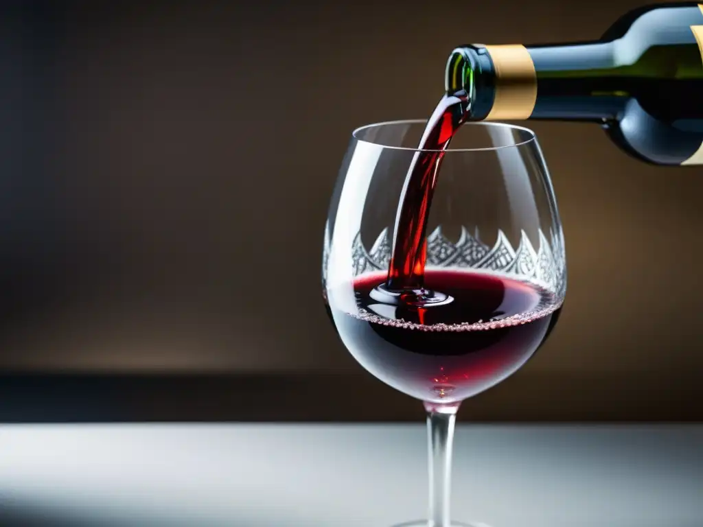 Un sommelier vierte con elegancia un vino tinto en una copa de cristal, resaltando la rica tonalidad del vino