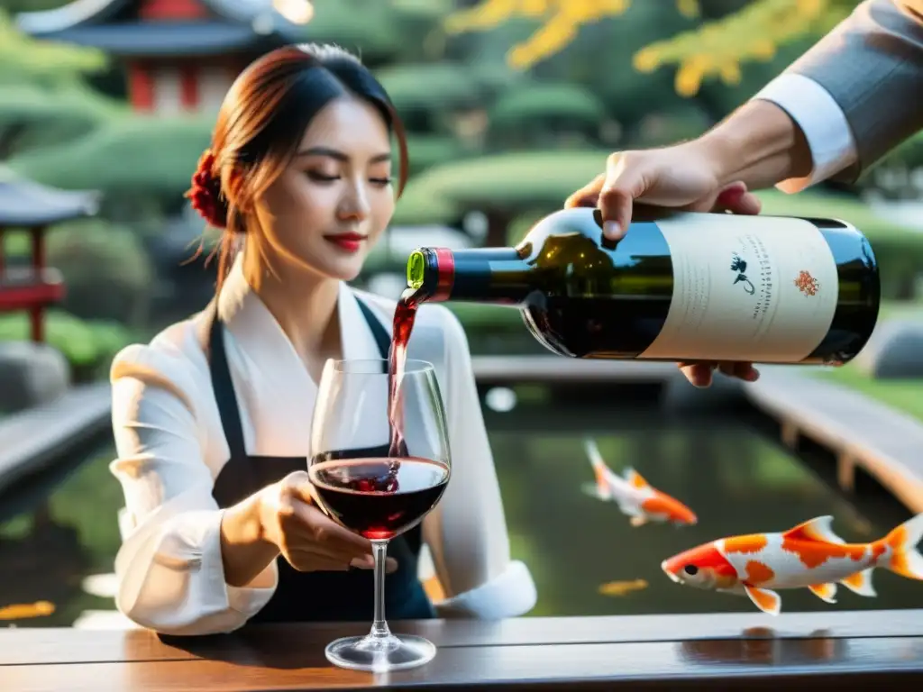 Un sommelier vierte vino tinto en una copa de cristal en un jardín japonés, creando un maridaje vinos bebidas occidentales platos asiáticos