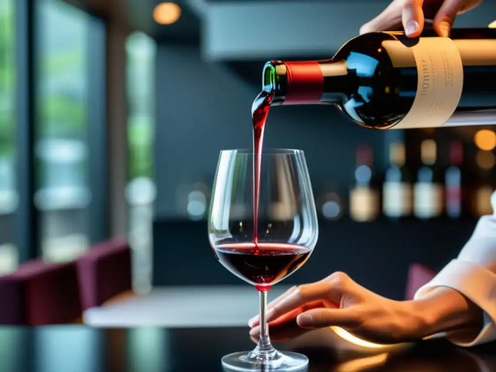 Un sommelier vierte vino tinto en un restaurante elegante de Asia, creando un ambiente sofisticado