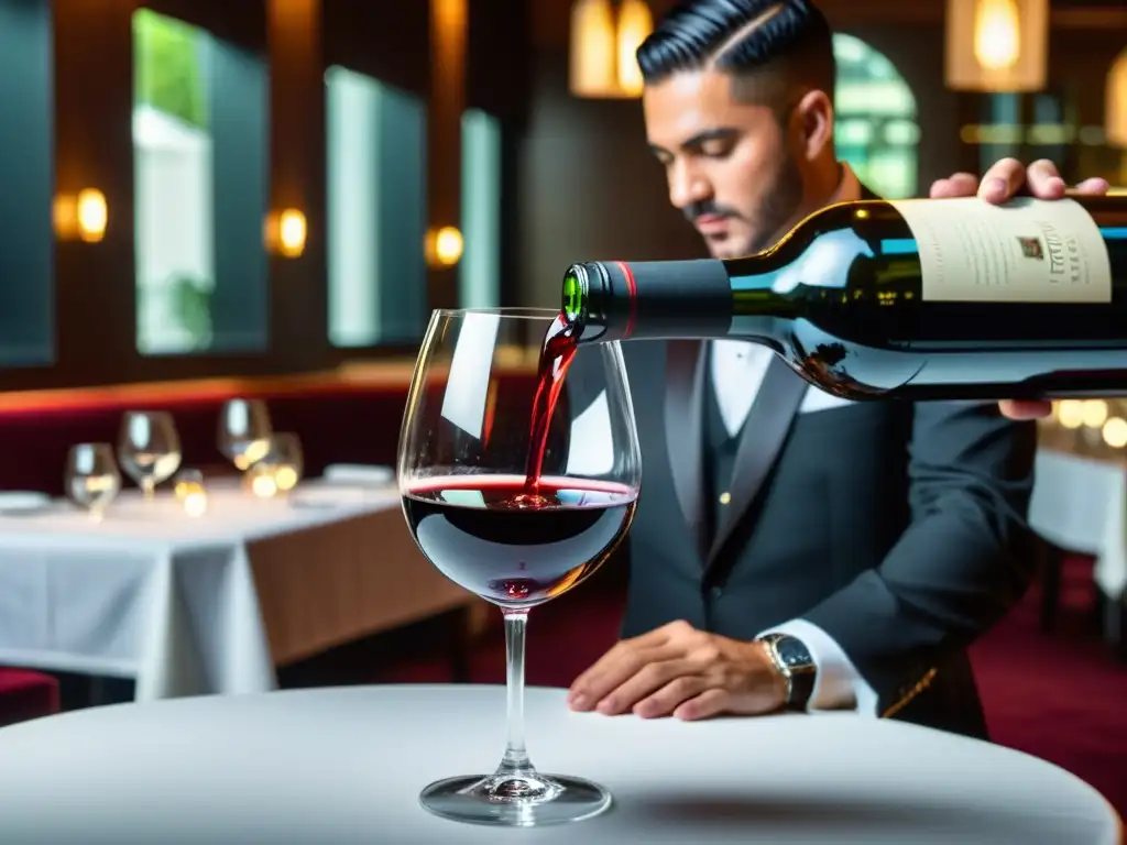 Un sommelier vierte con maestría un vino tinto en una copa de cristal, en un elegante restaurante con una exquisita presentación de platos