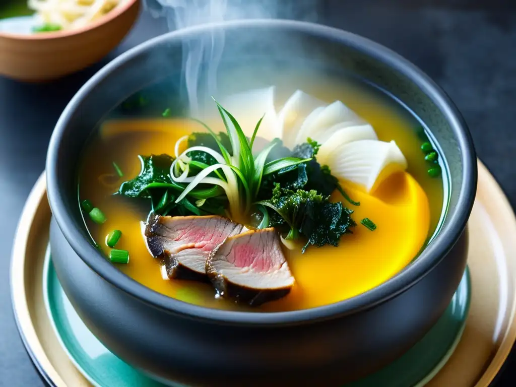 Una sopa de algas coreana receta tradicional, con un caldo dorado y algas verdes en una olla de piedra sobre una mesa de madera rústica