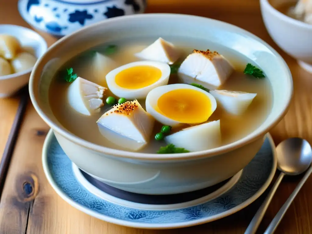 Una sopa de pollo ginseng beneficios, con delicados adornos florales en un cuenco de cerámica sobre una mesa rústica