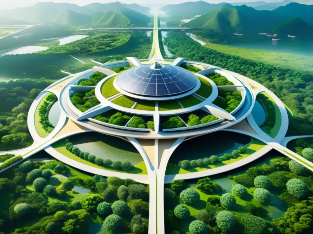 Sostenibilidad de megaestructuras asiáticas: Imagen aérea de un futurista complejo con diseño verde y actividad urbana