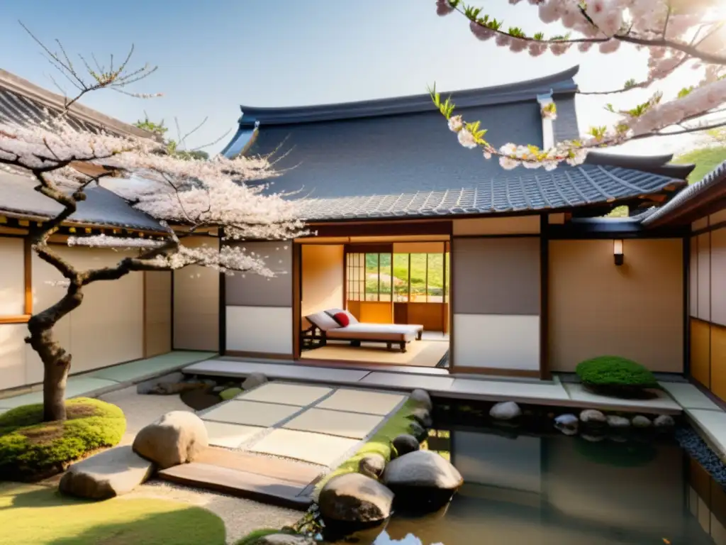 Reinvención vivienda sostenible Asia: Casa tradicional japonesa entre cerezos en flor, jardín sereno y decoración minimalista