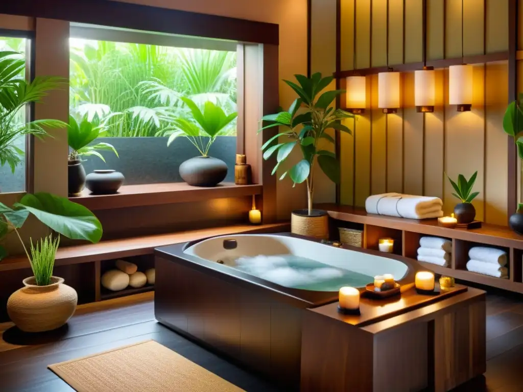 Spa japonés: Baño de madera y masaje relajante Spa relajante con bañera japonesa de madera, plantas verdes, productos de cuidado asiáticos y masajista