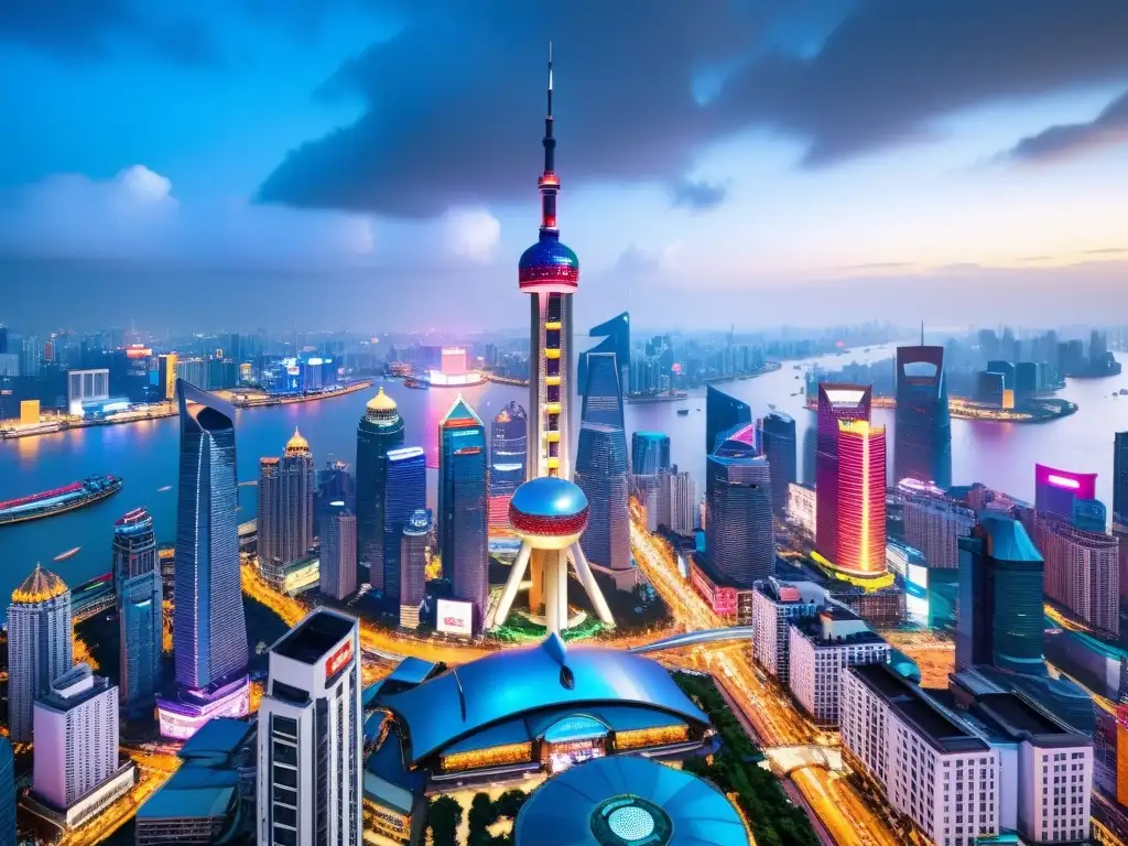 Invertir en startups asiáticas disruptivas: Shanghai, China, bulliciosa ciudad de rascacielos, calles llenas de gente y luces de neón, reflejo de la energía vibrante y progreso tecnológico del escenario startup asiático