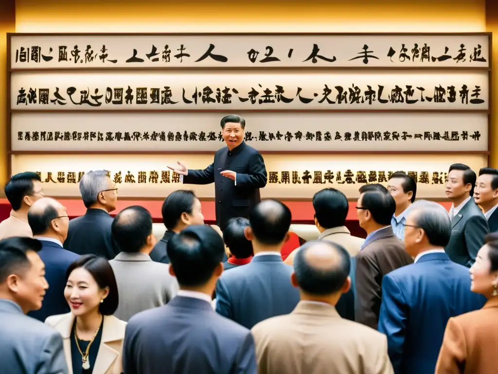 Subasta de arte chino moderno en Beijing, con coleccionistas pujando y obras vibrantes iluminadas por cálida luz dorada