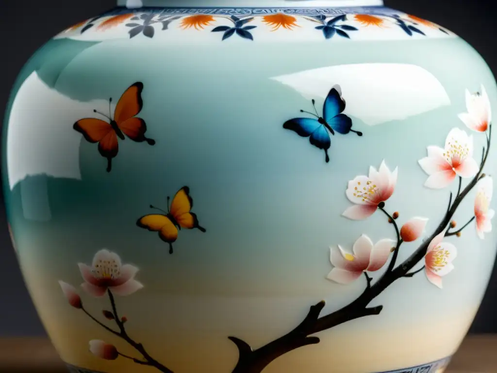 Subasta asiática de historias porcelana: un antiguo jarrón chino, con detalles de cerezos en flor y mariposas, sostenido con guantes blancos