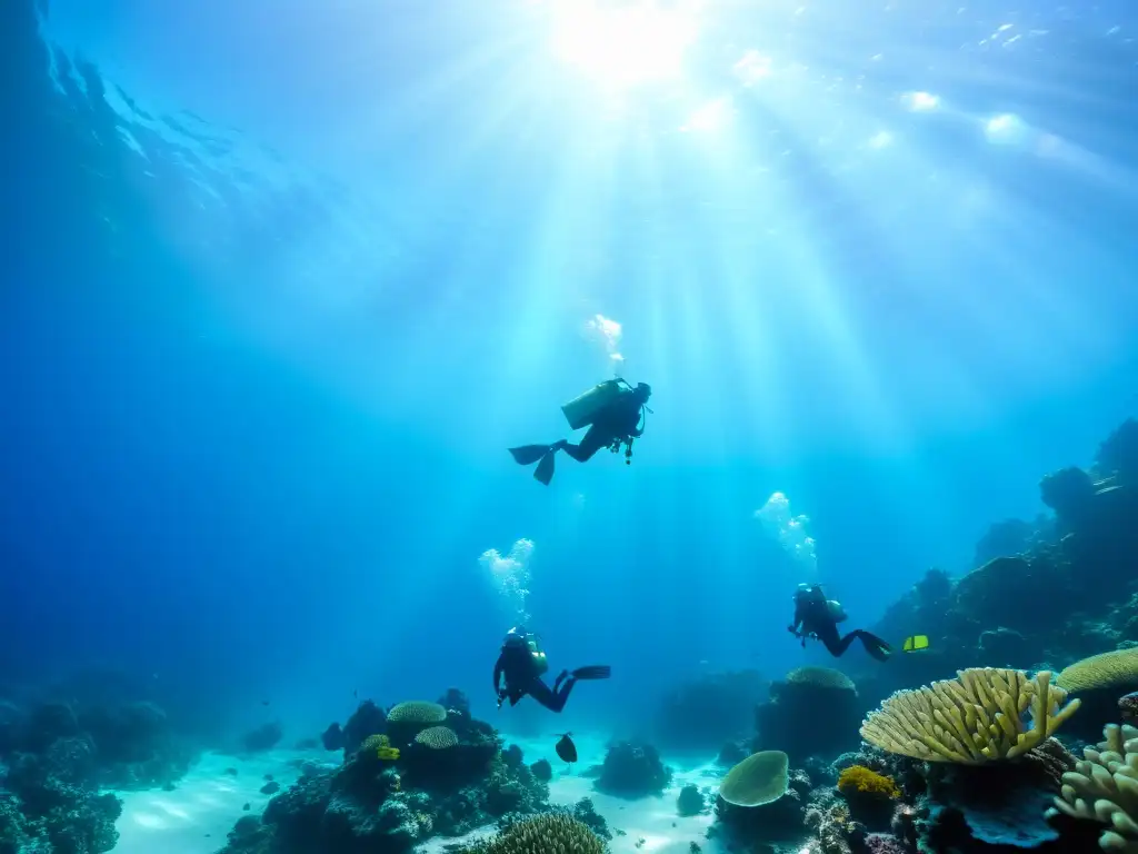 Exploración submarina con cámara acuática asiática, buceadores entre arrecifes de coral vibrantes bajo la luz solar filtrada