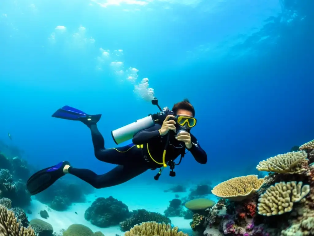 Exploración con cámara acuática asiática: Fotógrafo submarino ajustando ajustes rodeado de vibrante arrecife de coral y peces tropicales