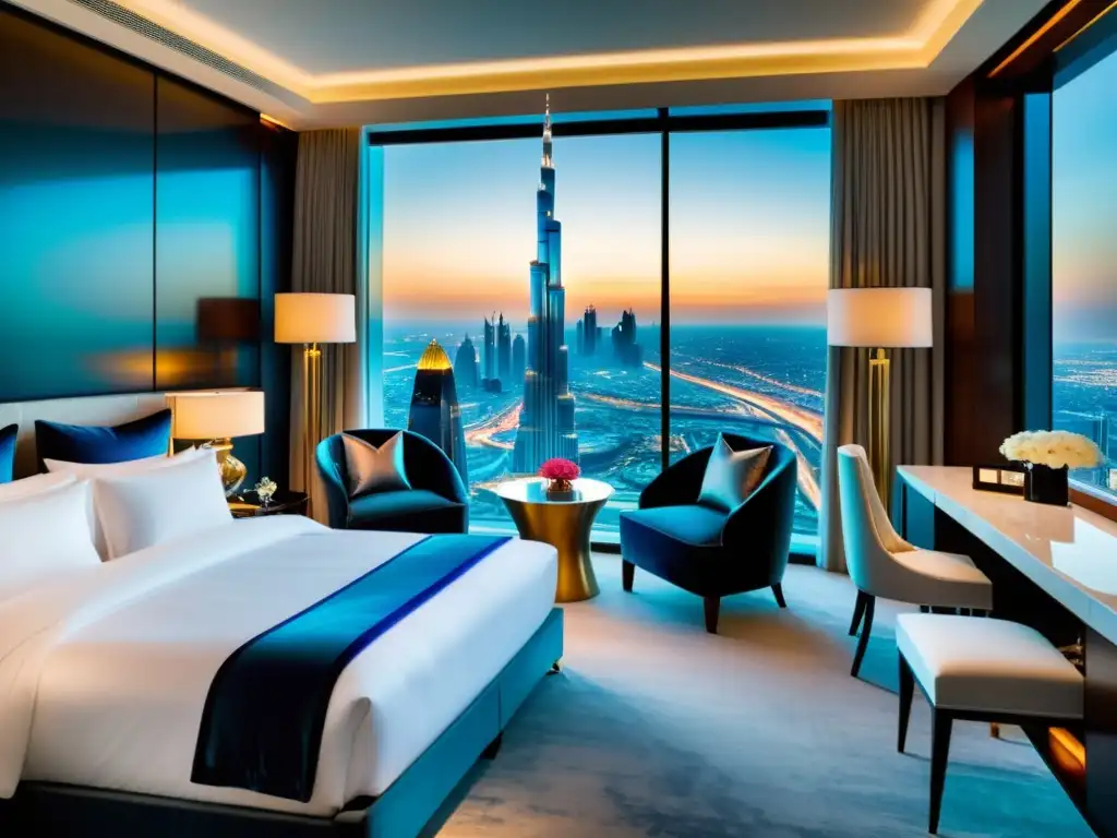 Suite de hotel de lujo en Dubái con vista panorámica al Burj Khalifa, mobiliario moderno y ambiente sofisticado