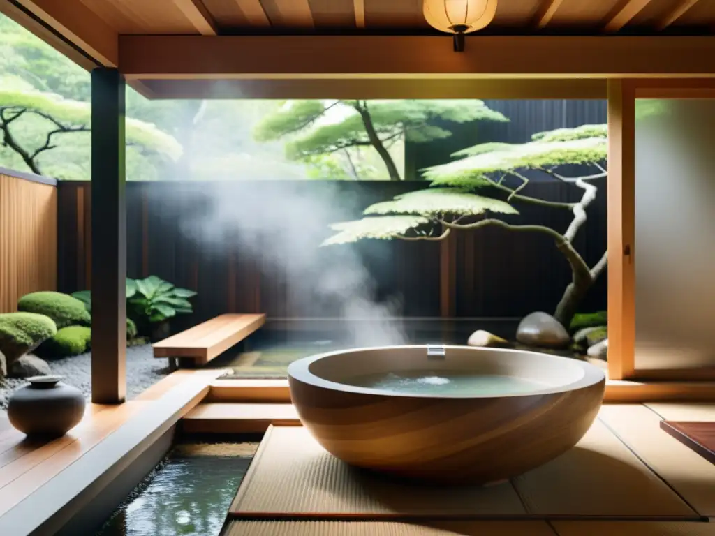 Sumérgete en la serenidad de un baño japonés, con elementos de madera natural, una elegante bañera de piedra y una suave iluminación difusa que crea una atmósfera tranquila y acogedora