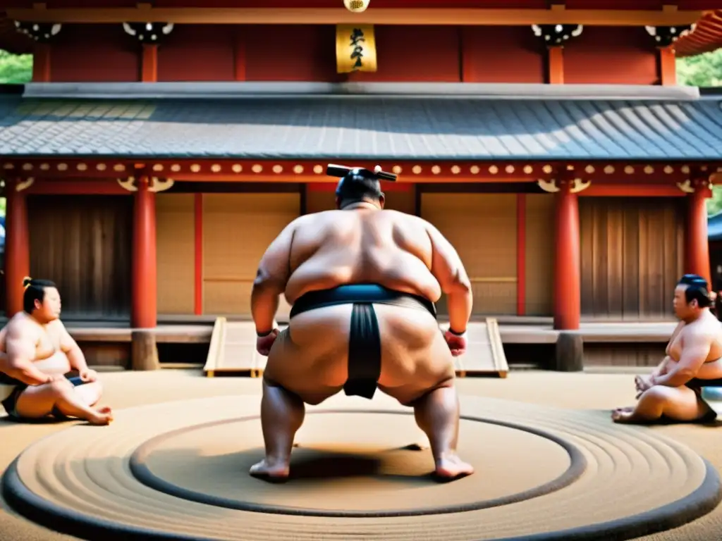 Transformación del Sumo Ritual Shinto: Imagen de sumo en un santuario con luchadores concentrados y atmósfera sagrada