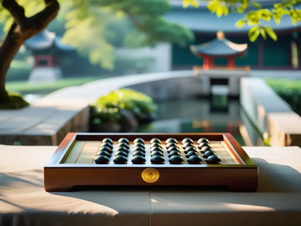 Un tablero de weiqi chino en un sereno jardín, con manos reflexivas, refleja el origen filosófico del Weiqi Chino