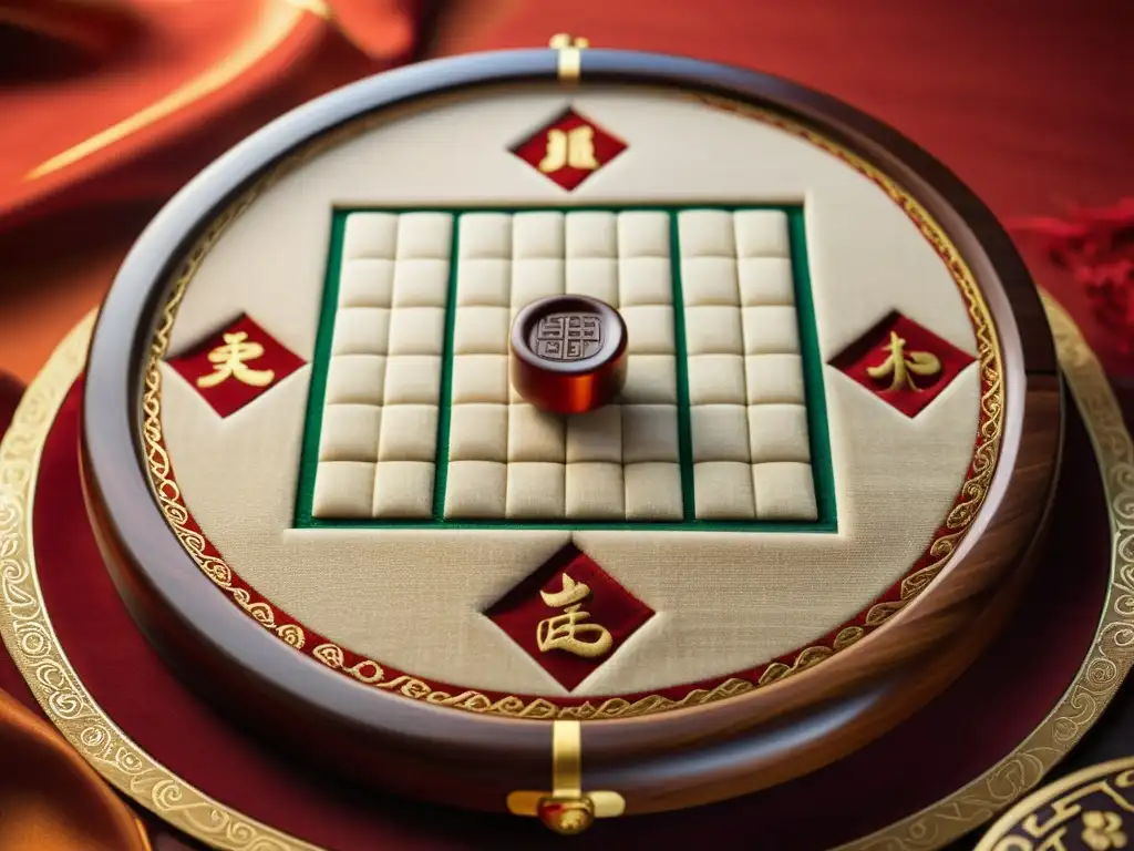 Un tablero de xiangqi chino tradicional con piezas de madera, sobre una tela roja y dorada con símbolos chinos bordados