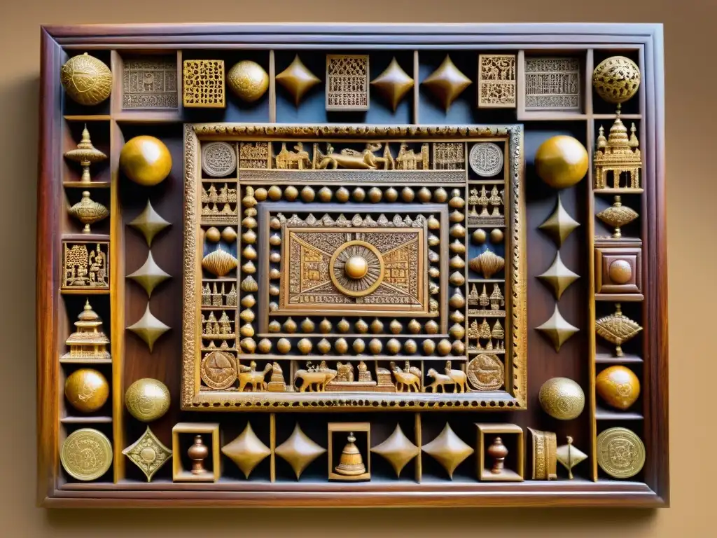 Tablero de juego chaupar tallado antigua India con detalles exquisitos y piezas representando la realeza, rodeado de artefactos históricos