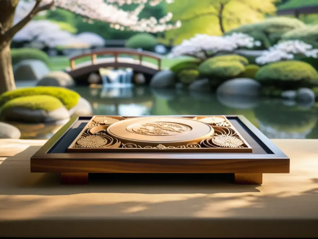 Tablero de shōgi japonés en jardín de cerezos en flor, con piezas talladas