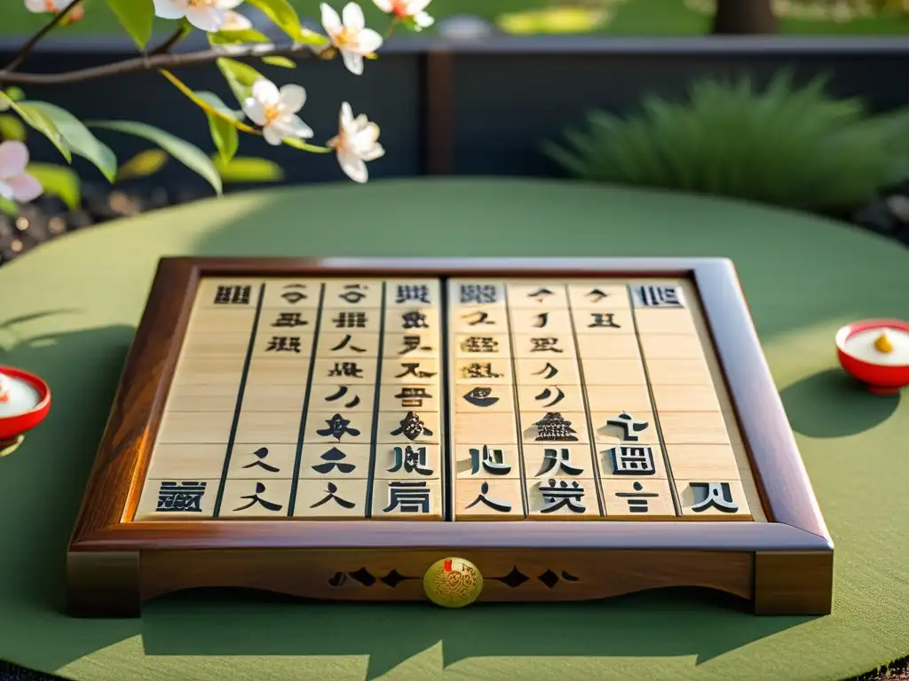 Tablero de shōgi japonés con piezas de madera tallada, en un jardín tranquilo con árboles de cerezo en flor y un estanque de peces koi