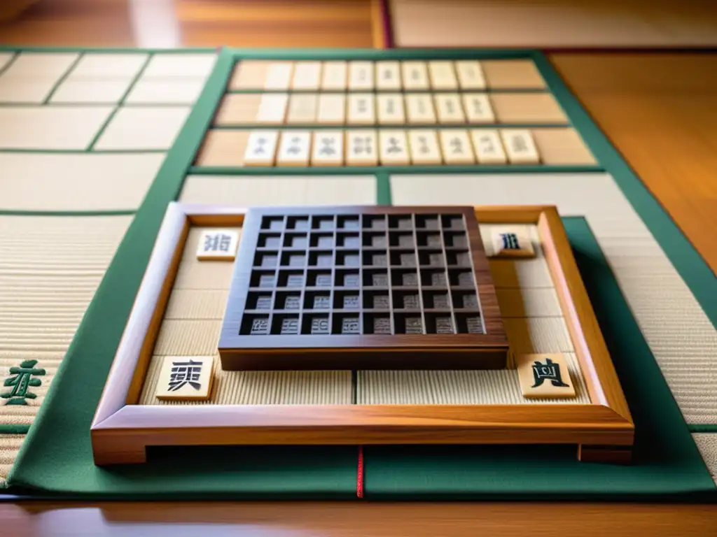 Tablero de shogi japonés con piezas de madera talladas y delicados caracteres kanji, sobre un tatami sereno