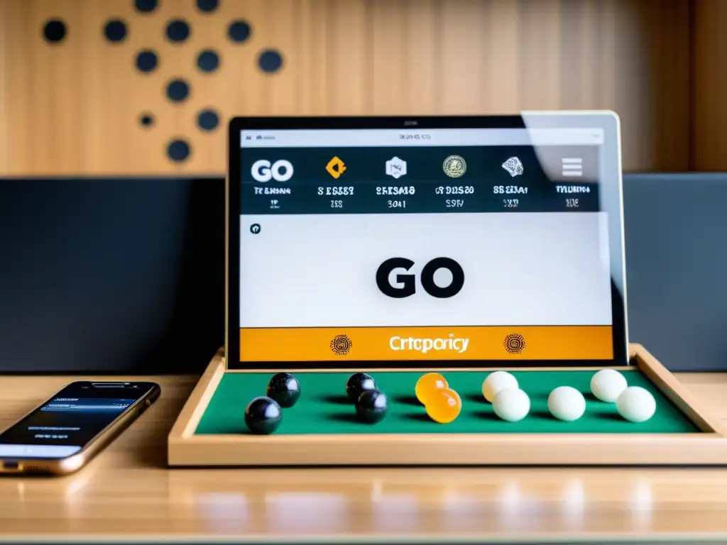 Tablero de Go tradicional con piedras estratégicamente colocadas, sobre plataforma de inversión en cripto