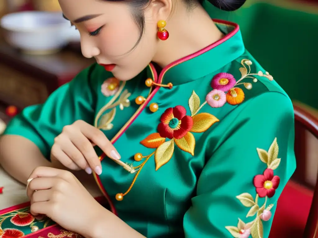 Una talentosa costurera china borda con delicadeza un deslumbrante traje Qipao, capturando la seducción y la tradición de la cultura asiática