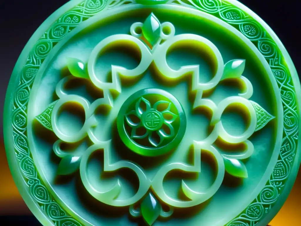 Una talla de jade asiática exquisita iluminada por luz natural, muestra detalles finos y símbolos tradicionales