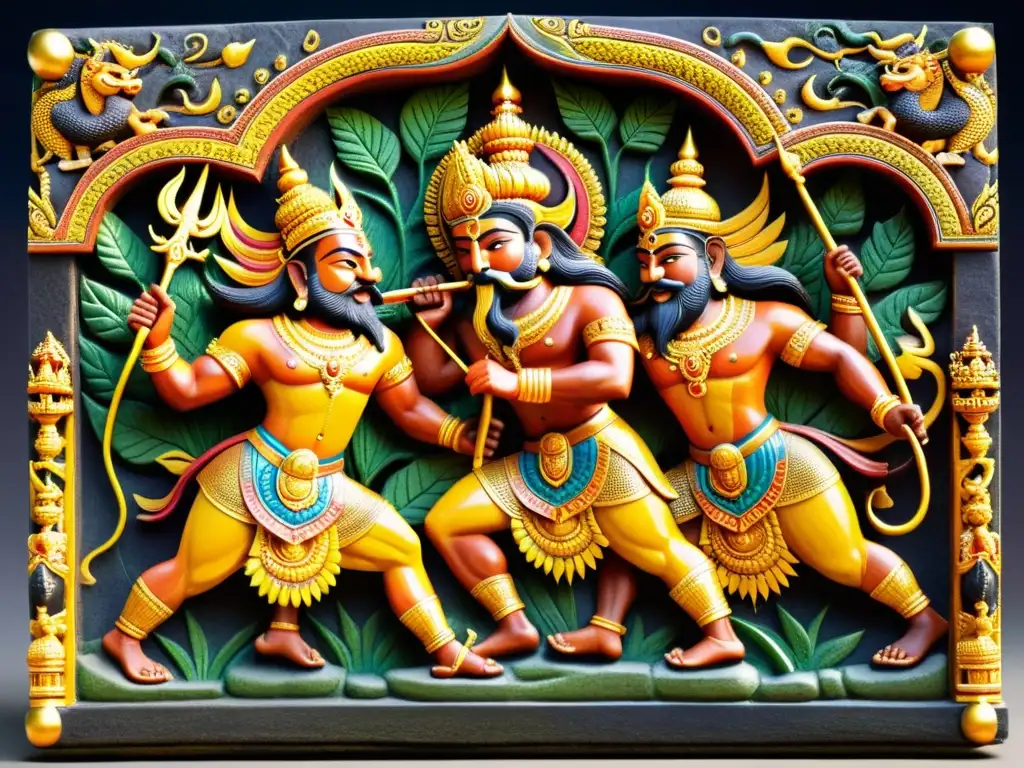 Una talla de piedra que representa la batalla entre Rama y el rey demonio Ravana, destacando la intensidad y drama del relato del Ramayana, con colores vibrantes y detalles intrincados