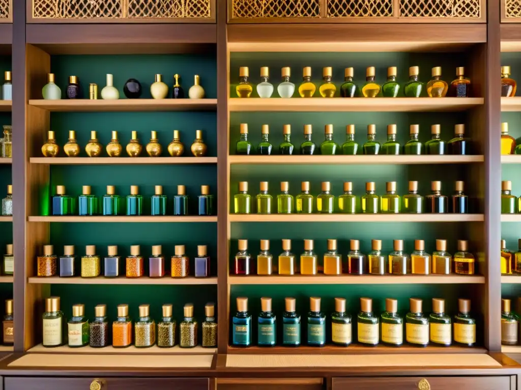 Un taller de perfumería asiática con delicadas botellas de líquidos aromáticos y estantes de ingredientes exóticos