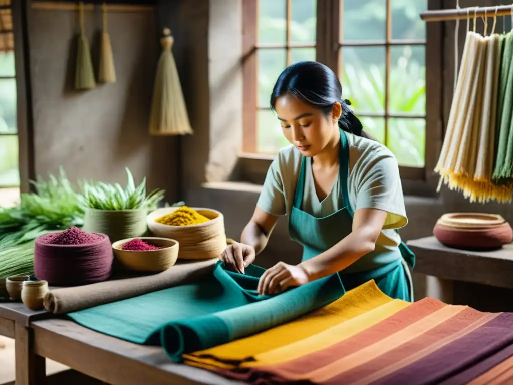 Un taller tradicional asiático de tintes naturales, donde artesanos crean textiles con vibrantes colores y patrones