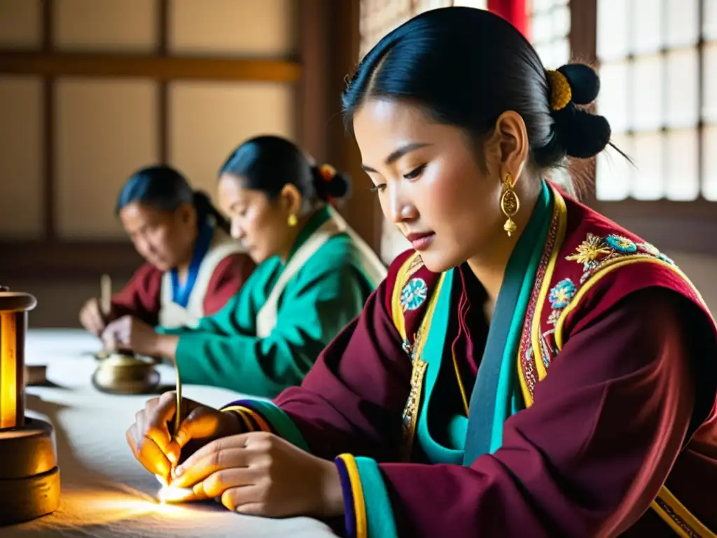 Talleres tibetanos reinventando trajes típicos Tíbet con bordados vibrantes, en un ambiente centenario de luz natural