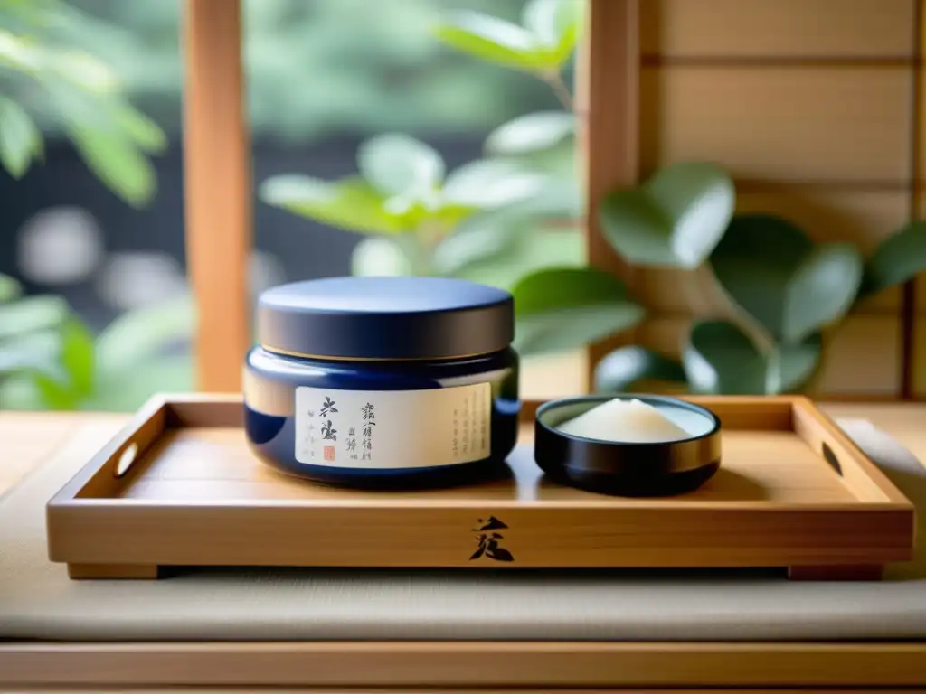 Tarro de cerámica japonesa con productos de cosmética minimalista en un jardín zen, reflejando la filosofía de la cosmética japonesa minimalista