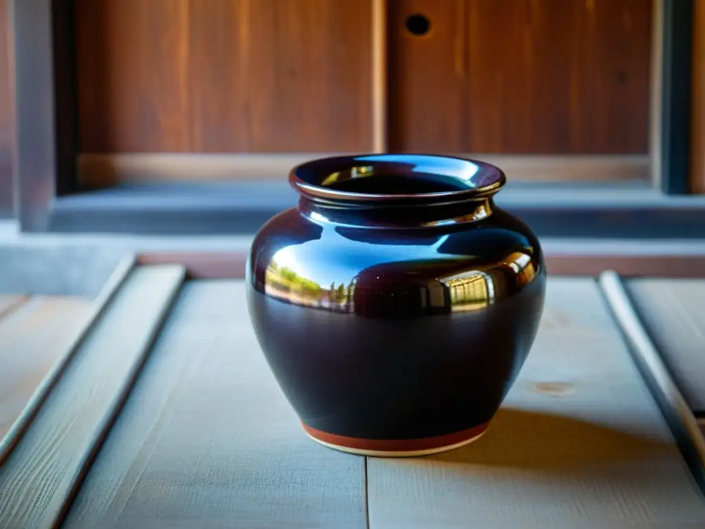 Tarro coreano de barro con Makjang, iluminado por luz natural en una cocina tradicional