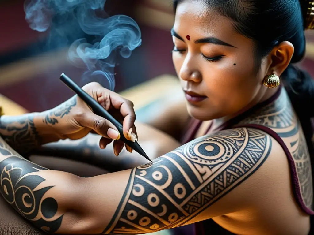 Un tatuador asiático tradicional crea tatuajes tribales con significado sagrado en un ambiente espiritual lleno de historia y arte