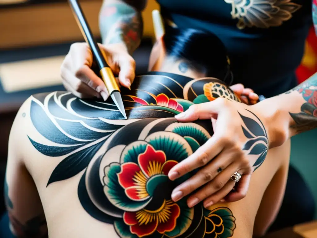 Un tatuador hábil crea un diseño Irezumi en la espalda de un cliente