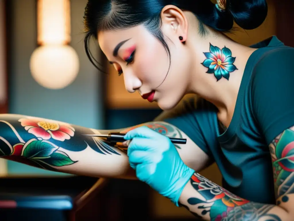 Un tatuador experto realiza un detallado tatuaje Irezumi, destacando la concentración y el arte del proceso