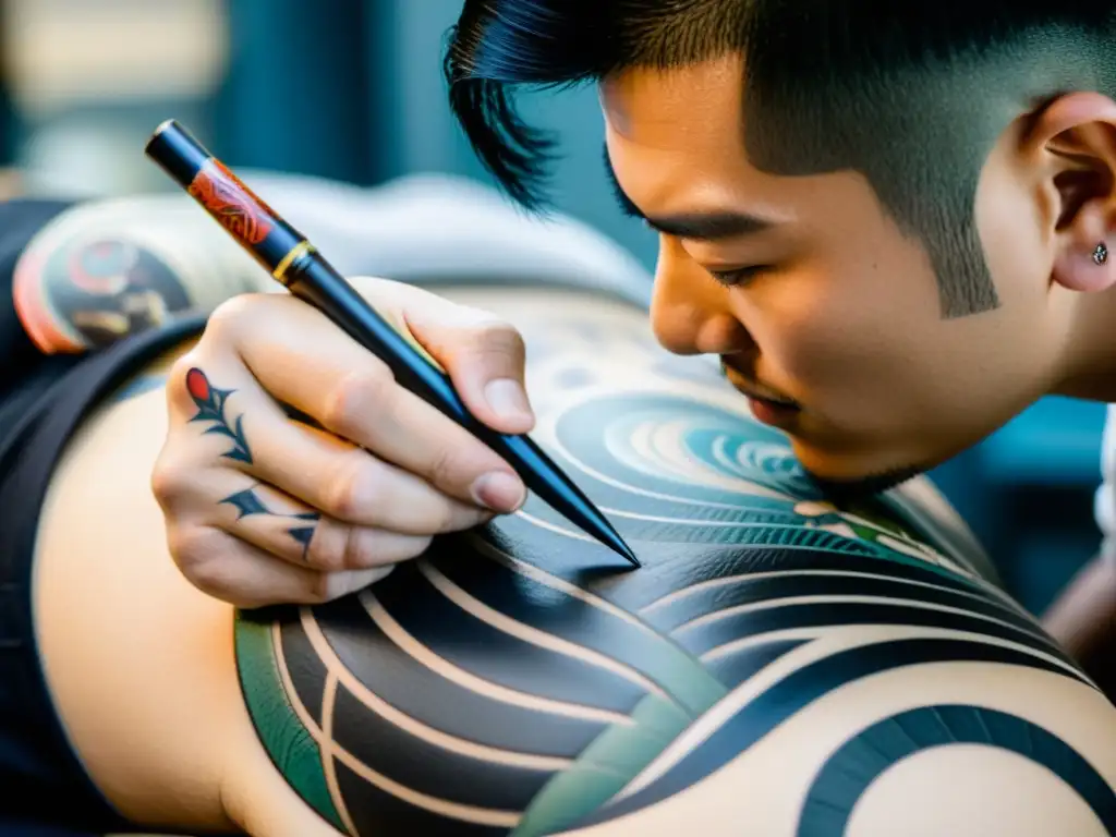 Un tatuador experto crea meticulosamente un diseño Irezumi en la espalda de un cliente, usando herramientas tradicionales japonesas