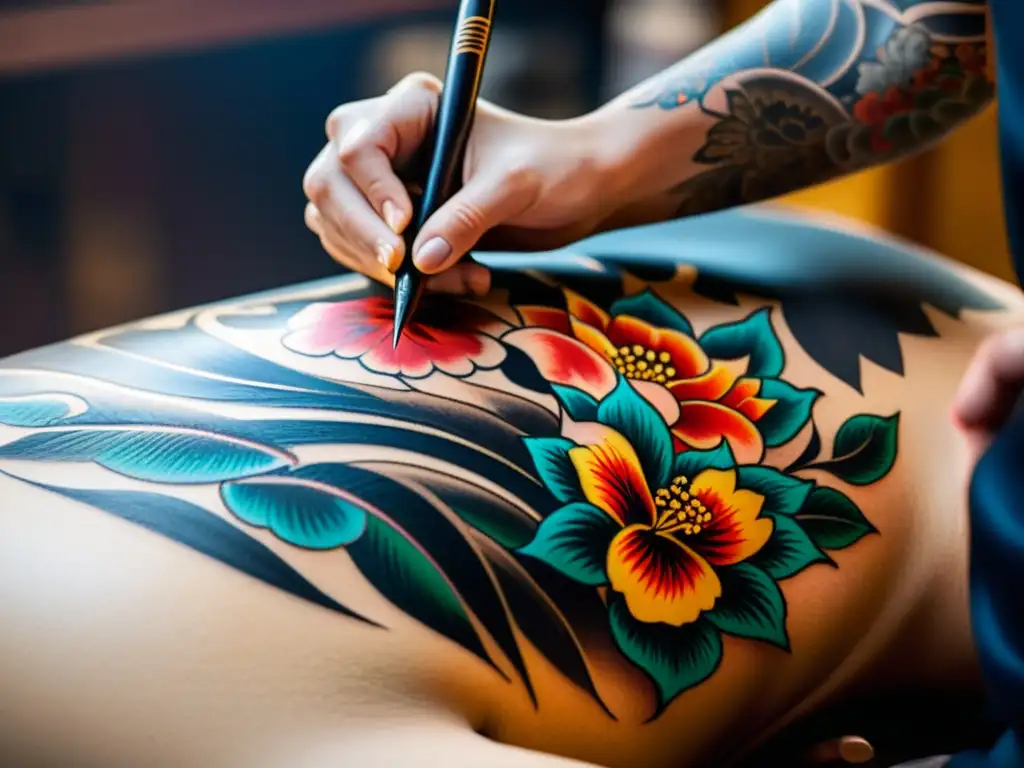 Un tatuador experto crea un tatuaje Irezumi japonés detallado en la espalda de una persona