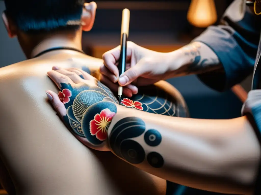 Un tatuador experto realiza un tradicional irezumi japonés a mano en un estudio atmosférico