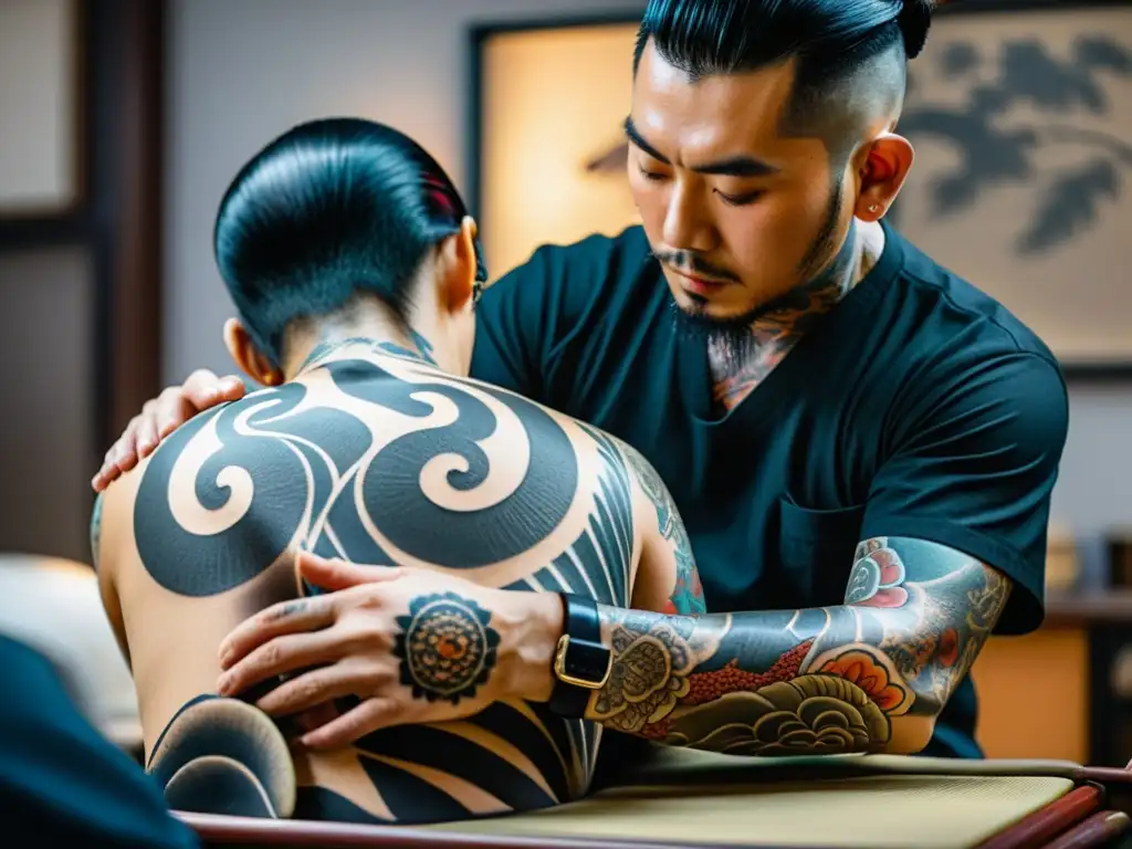 Un tatuador aplica meticulosamente tatuajes Irezumi en la espalda de su cliente, destacando la artesanía y belleza del arte corporal japonés