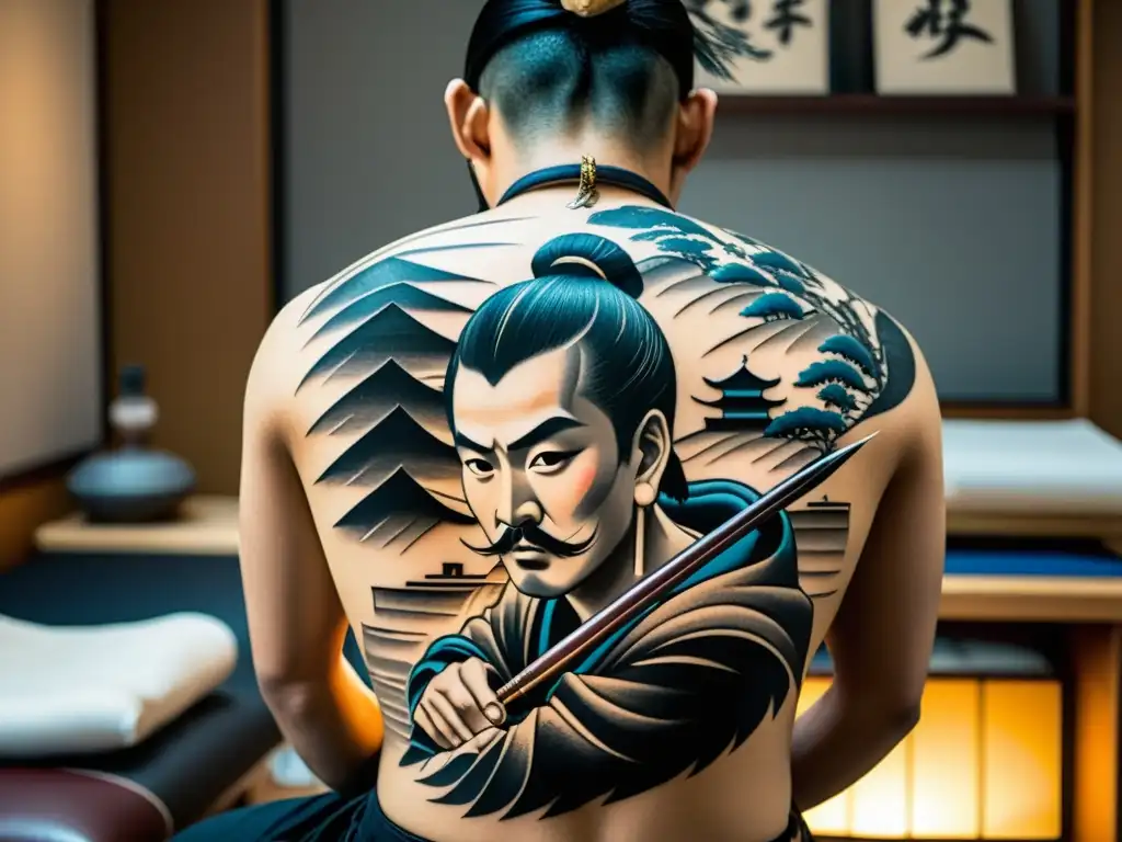 Un tatuador tebori japonés crea un diseño samurái detallado en la espalda de un cliente, rodeado de la atmósfera reverente del estudio de tatuajes