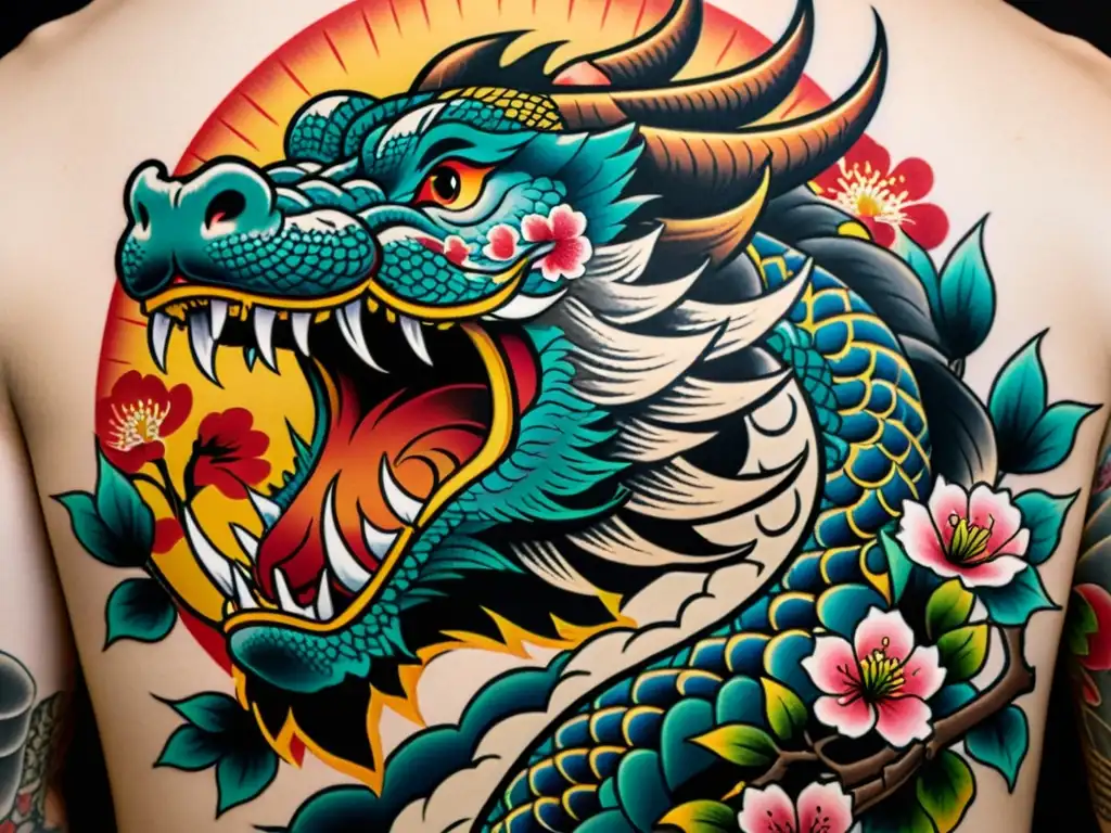 Un tatuaje irezumi japonés detalla un dragón y un cerezo