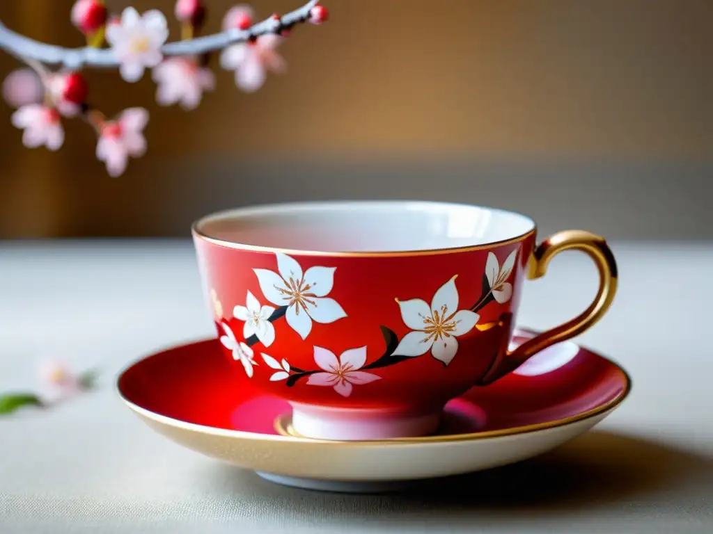 Una taza de té japonesa con un intrincado diseño de cerezos en colores vibrantes sobre un fondo de detalles en oro