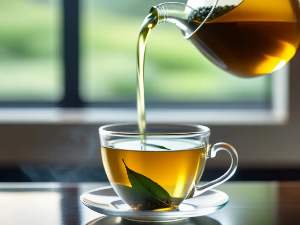 Una taza de té verde se vierte con elegancia, exudando calma y sofisticación, resaltando los beneficios del té verde para belleza