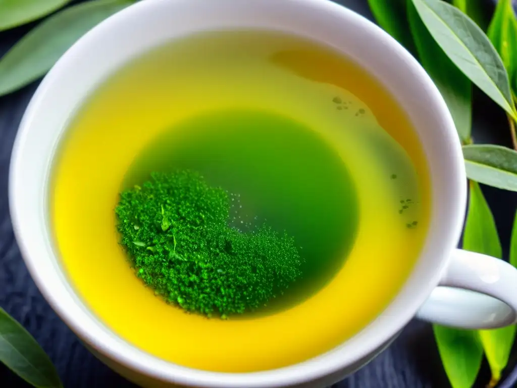 Una taza de té verde recién preparado, con vapor y gotas de agua, capturando la esencia calmante y los beneficios del té verde para belleza