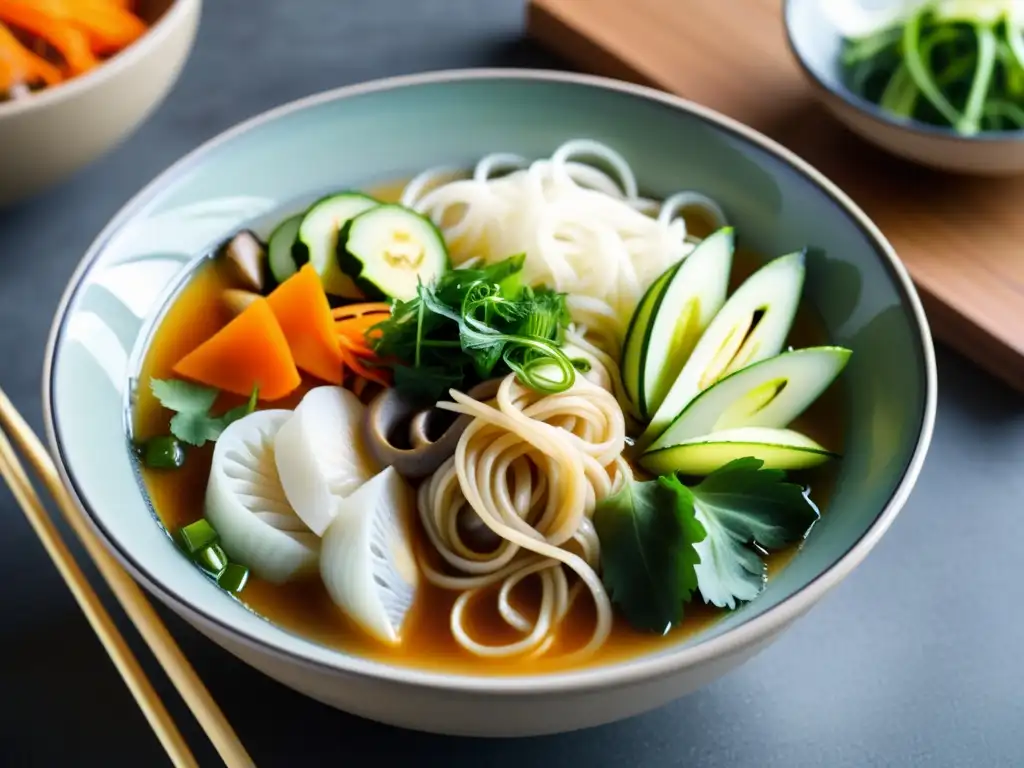 Un tazón de cerámica coreana con Fideos Janchi Guksu humeantes, adornado con vegetales vibrantes, en medio de una celebración coreana animada