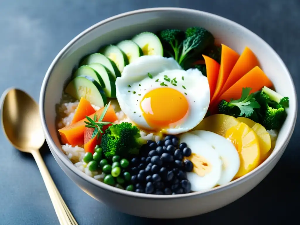 Un tazón de porridge coreano tradicional con ingredientes frescos y coloridos