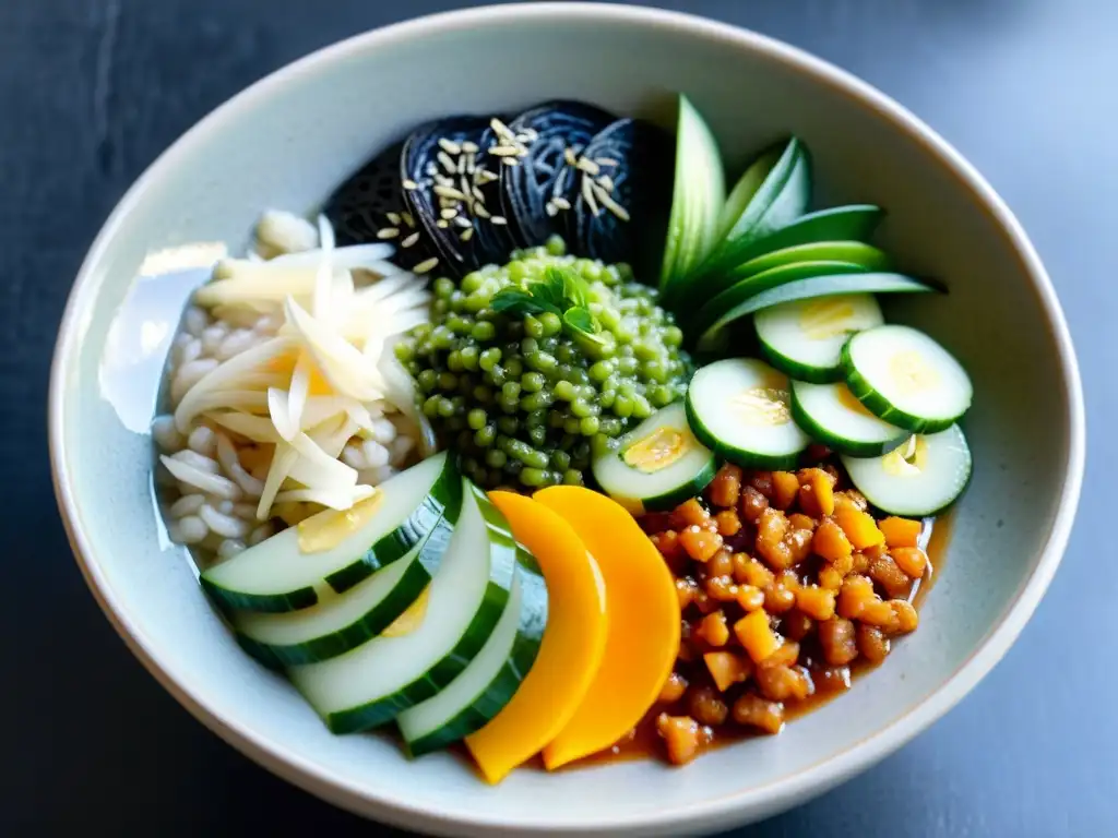 Un tazón de porridge coreano tradicional, con vibrantes colores y texturas, adornado con vegetales, semillas de sésamo y salsa