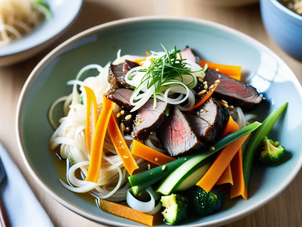 Un tazón de cristal de japchae tradicional coreano con verduras juliana y carne marinada, capturando su brillo y textura hipnotizante