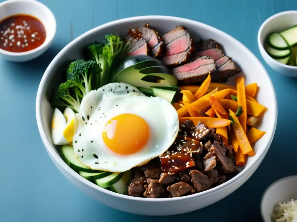 Un tazón humeante de bibimbap coreano con colores vibrantes y texturas tentadoras, todo cubierto con salsa gochujang