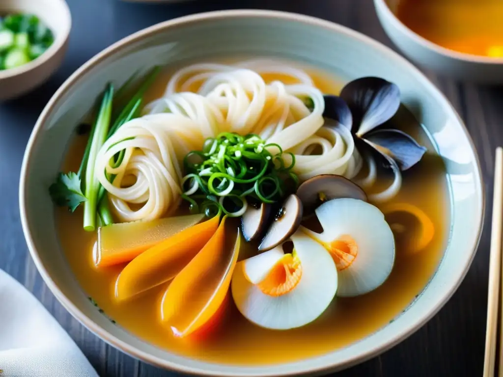 Un tazón humeante de Janchi Guksu, fideos celebración coreana, con verduras coloridas y un aroma tentador